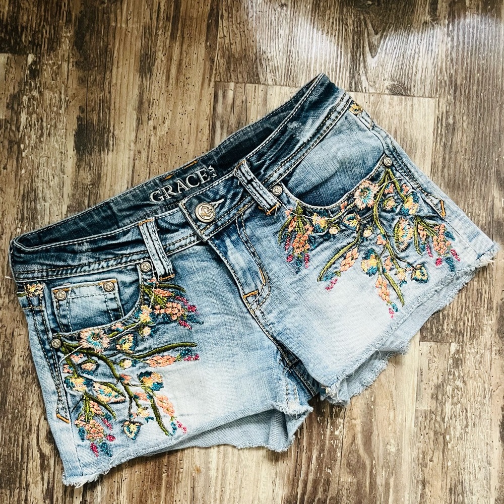 Grace in LA Blue Floral Embroidered Jean Shorts